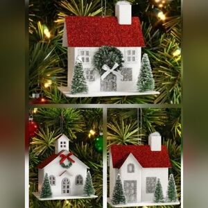 3-2025 Glittered House Red Roof Church Bottle Brush Trees Christmas Ornament